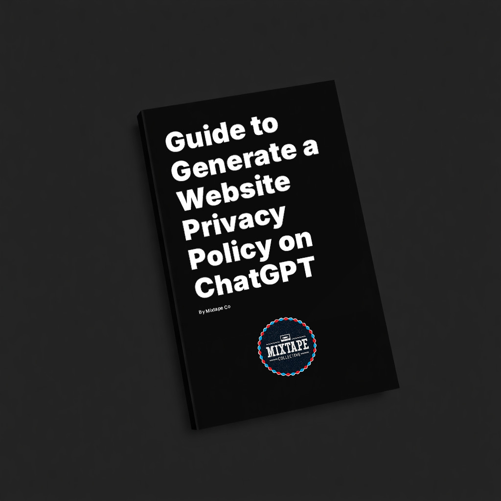 modern ebook cover mockup showing a privacy policy guide book with dark background and white bold text, clean minimal design